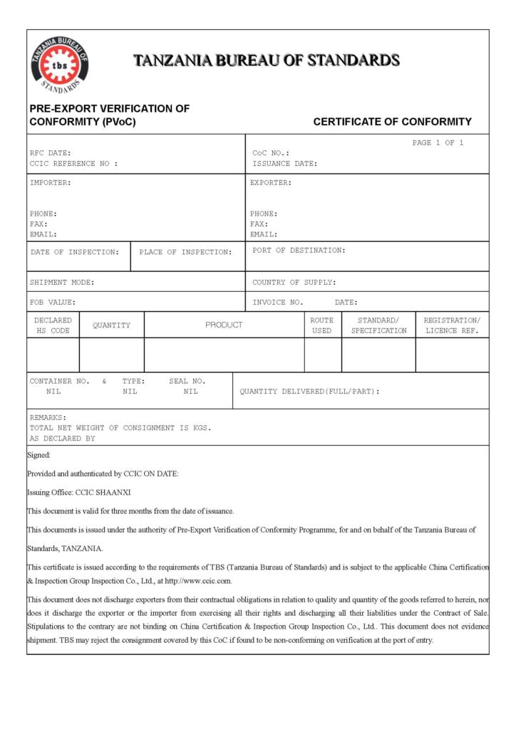 PVOC Tanzania Certification Service - CCIC Shaanxi